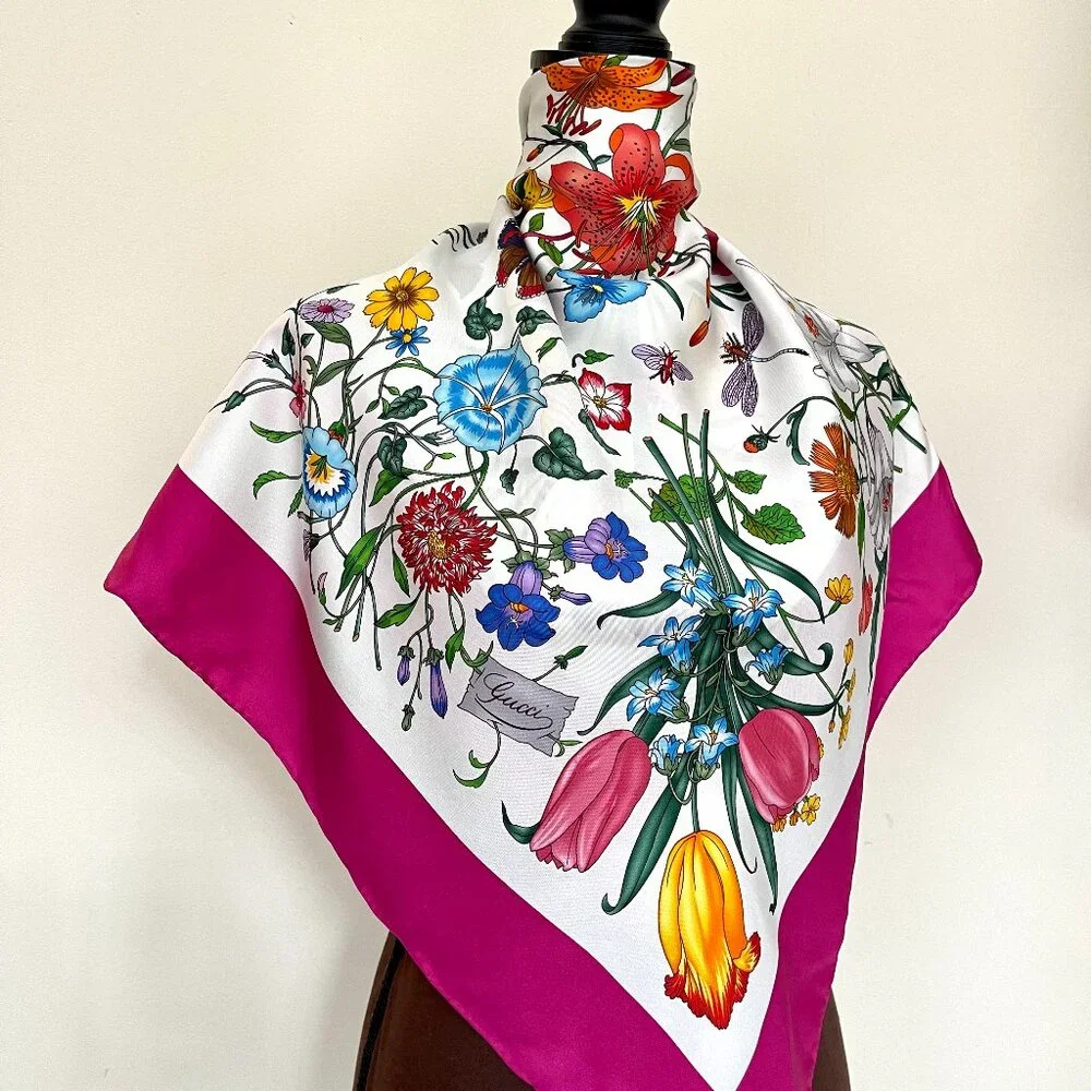Gucci Silk Wrap Flora Print Logo White Multicolor Pink Border Scarf